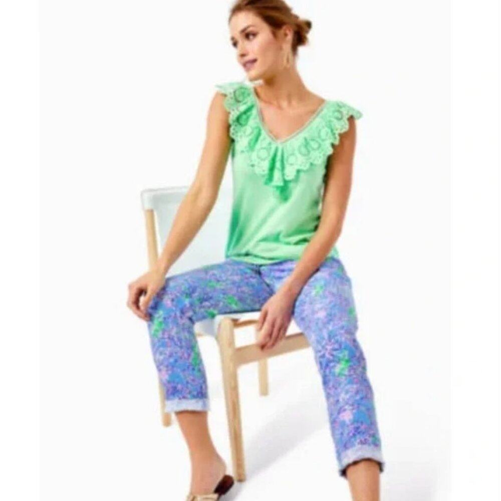 Lilly Pulitzer Taron Mid-Rise Linen Pant Blue Peri The Turtle Package Drawstring